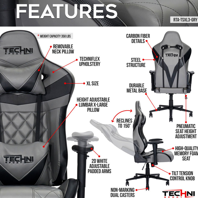 Techni Sport Adjustable Headrest and Reclining PC & Racing Game Chair in Gray