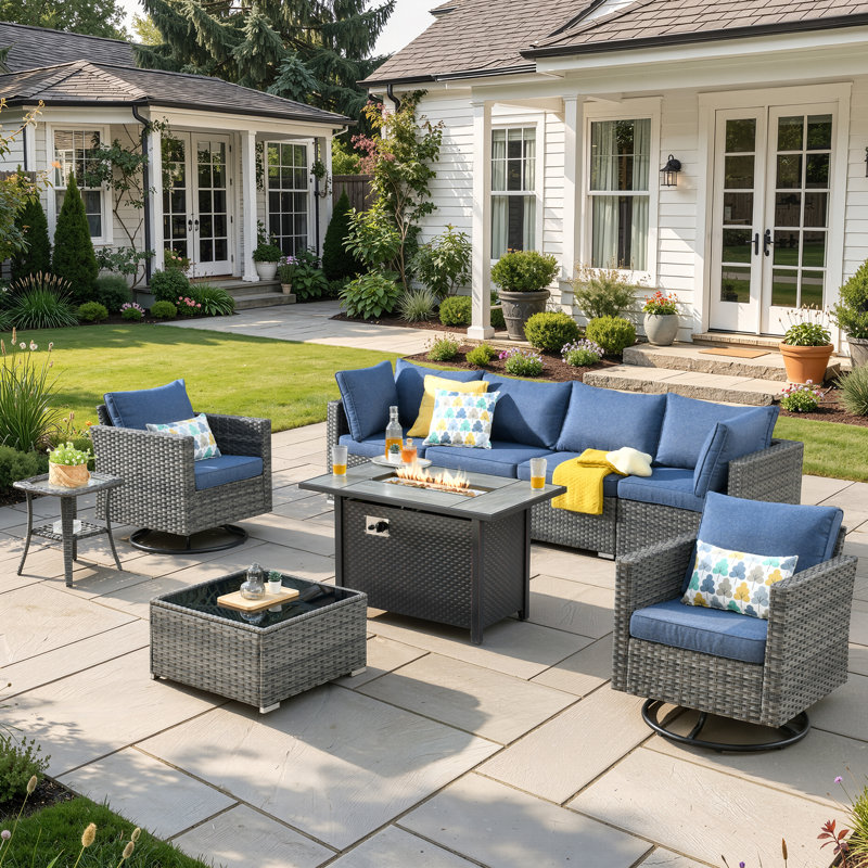 Ensemble de mobilier d'extérieur 9 pièces avec poêle, Bleu