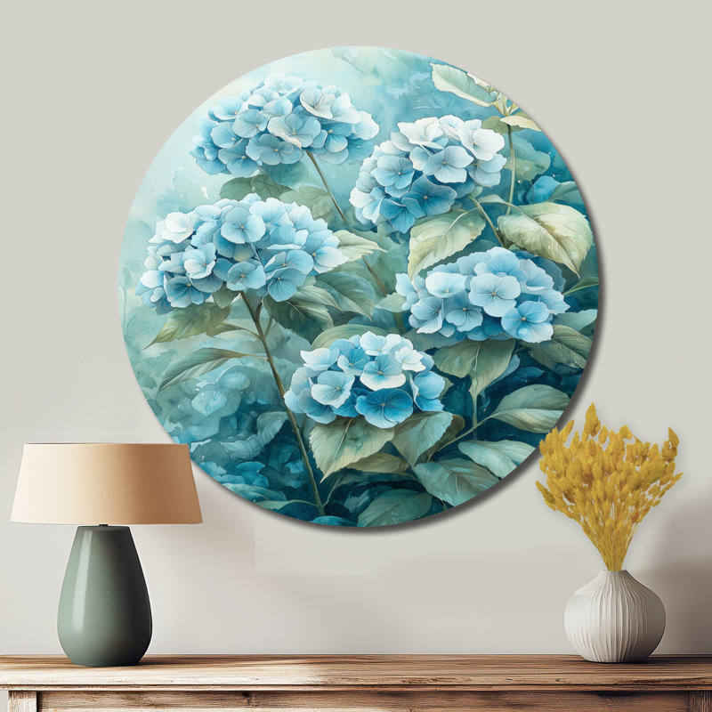 Hydrangea Blossom Harmony II - Hydrangea, art mural rond en métal, impression sur métal bleu traditionnel, H 36 po x l 36 po