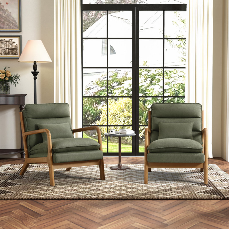 65.5cm Wide Modern Solid Wood Frame Upholstered Armchair with Lumbar Support Pillow, Green