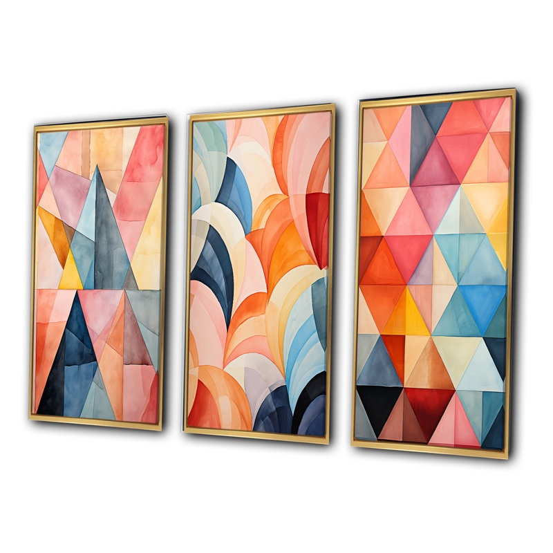 «Hardedge Pastel Symetry», 3 pièces sur toile, Encadrement doré, H 40 po x l 60 po