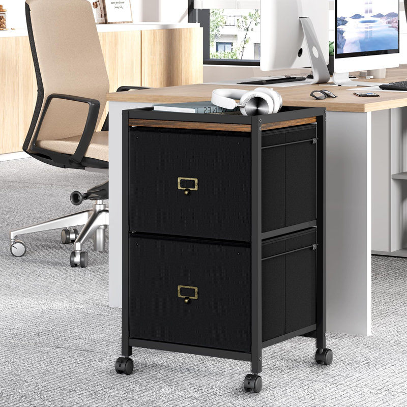 Classeur mobile en tissu Efficient - 2 tiroirs, rangement vertical sur roulettes, convient aux dossiers de format A4 / lettre, organisateur sous le bureau et support pour imprimante, noir rustique, 40 * 40 * 67