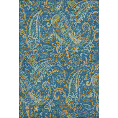 8' X 10' Navy Blue Green And Gold Paisley Distressed Washable Area Rug With UV Protection