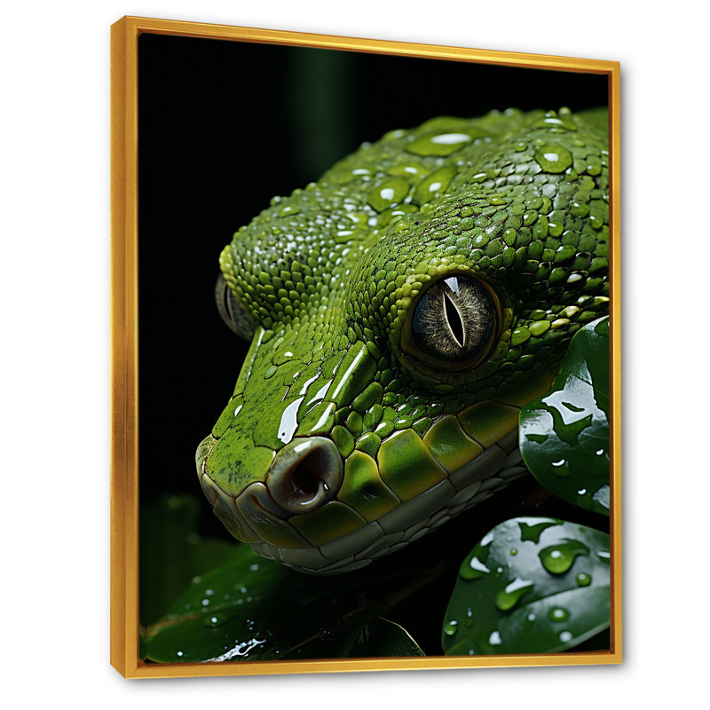 Serpent émeraude enroulé sur toile, Cadre flottant doré, H 40 po x l 30 po x P 1,5 po