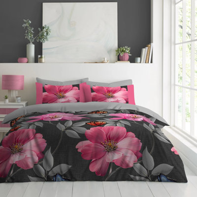 BELLA FLORA MICROFIBER DUVET SET AVERY CHARCOAL DOUBLE