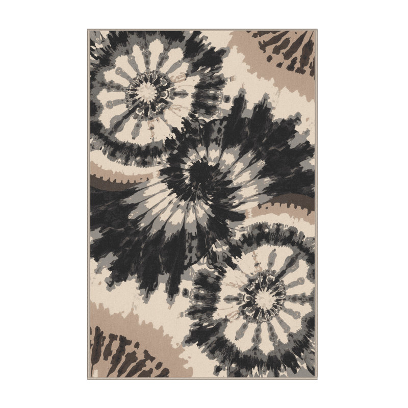Tapis éclectique noir et beige lavable à la machine Benson, 8 x 10