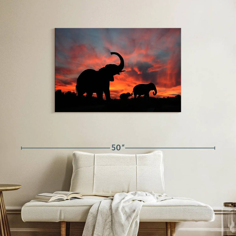 Silhouette d'éléphant au coucher du soleil, H 26 po x l 39 po