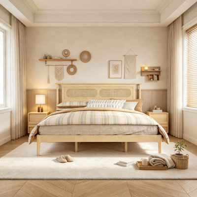 Solid Pine Wood Platform Bed with Rattan Headboard, Farmhouse Bed Frame No Box Spring Needed, King Size, Natural