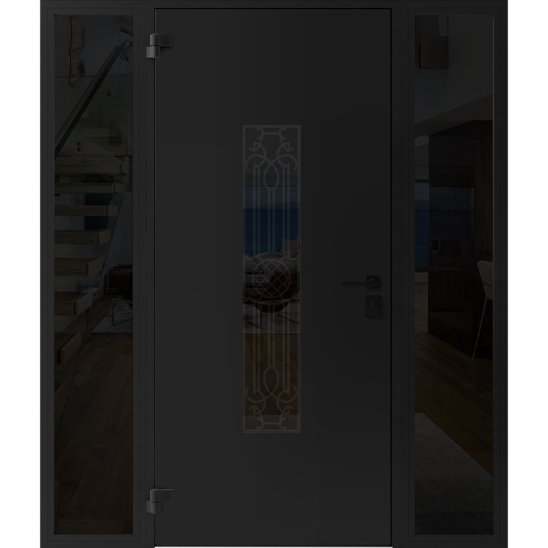 Porte d'entrée extérieure prémontée en acier Ronex 1477, émail noir, 2 fenêtres latérales extérieures, imposte/inserts en acier inoxydable, style moderne, peinte, largeur 16+36+16 x hauteur 80, ouverture à droite vers l'intérieur