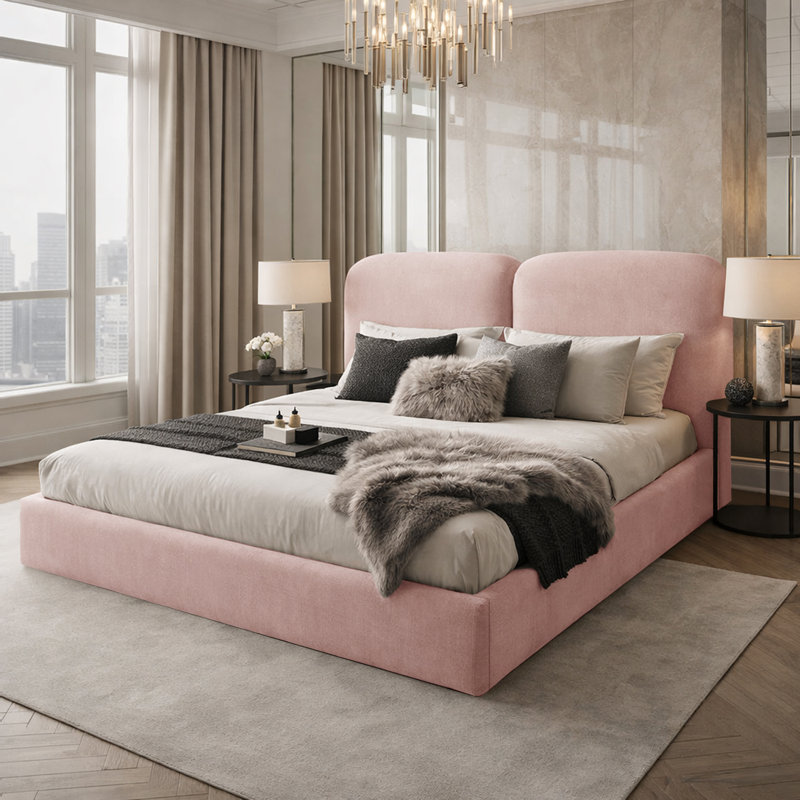 Upholstered Velvet Bed, Small Double (4'), Pink