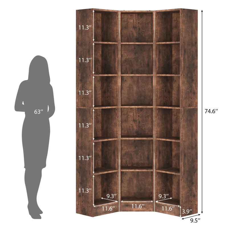 Bibliothèque d'angle à 6 niveaux avec 18 cubes ouverts, haute bibliothèque étroite 3-en-1, unité de rangement réglable pour le salon et le bureau personnel