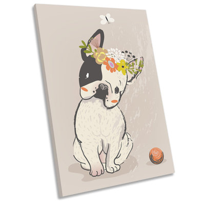 Cute French Bulldog Floral Picture Beige - Wrapped Canvas Art Prints