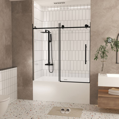 Frameless Shower Door 56-60 "W X 60" H, 1/4 "(6 Mm) Clear Tempered Glass, Stainless Steel Handle