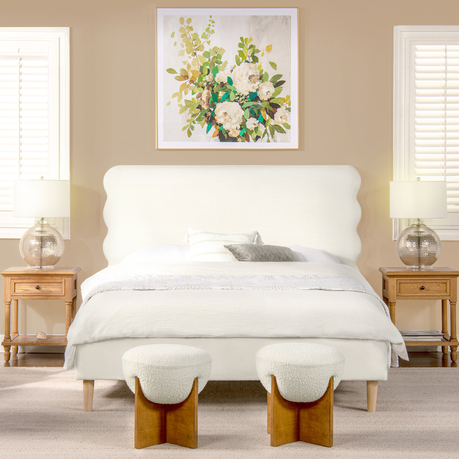Henley Upholstered Scalloped Bed, Antique White, King