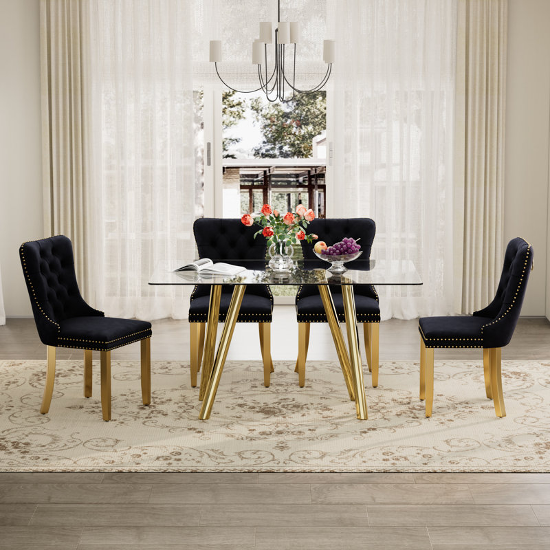 Ensemble de table de salle à manger rectangulaire en verre trempé, table de salle à manger de luxe avec chaise de salle à manger en velours capitonné