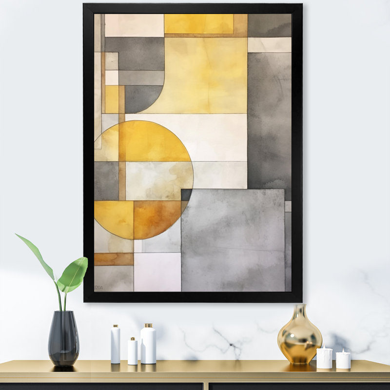 «Yellow and Gray Intersecting Realities I - Abstract Shapes», art mural encadré, Cadre simple noir