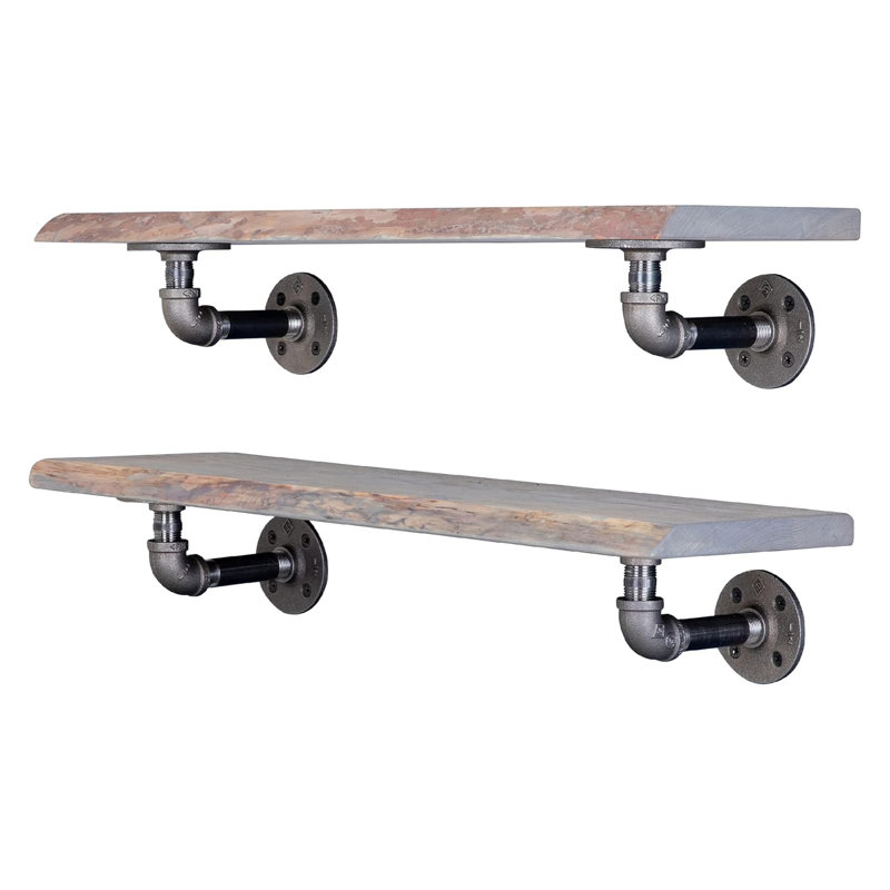Live Edge Wood Shelf With Industrial Pipe Brackets - Handcrafted Sunset Cedar Floating Shelf, Natural Wood Grain, Rustic Decor, Wall Mounted (2-Pack)