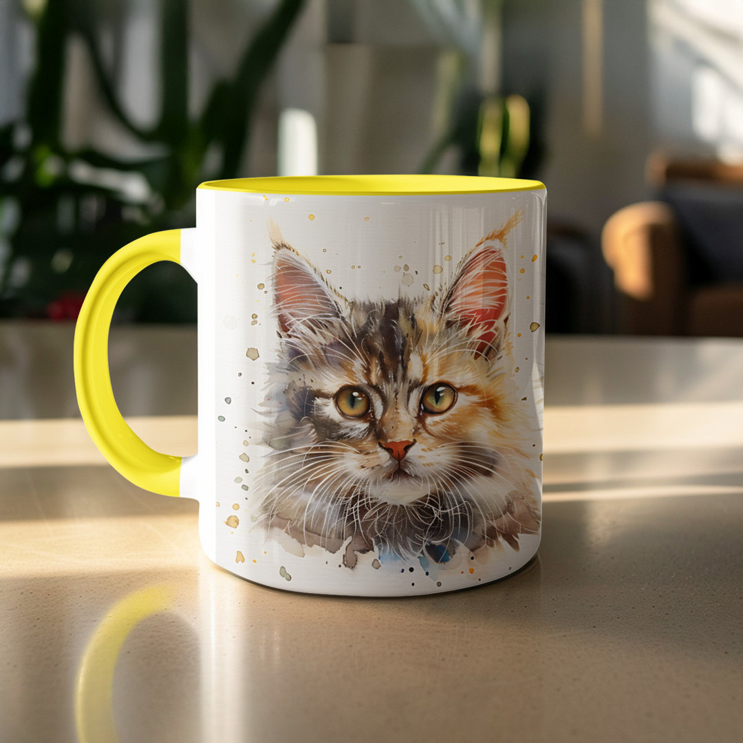 Cat Design 11oz Accent Mug – White Ceramic Coffee Cup with Colored Handle and Interior