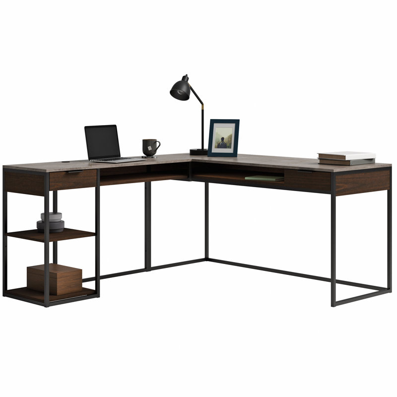 Bureau en L avec bibliothèque à cinq tablettes, finition brune