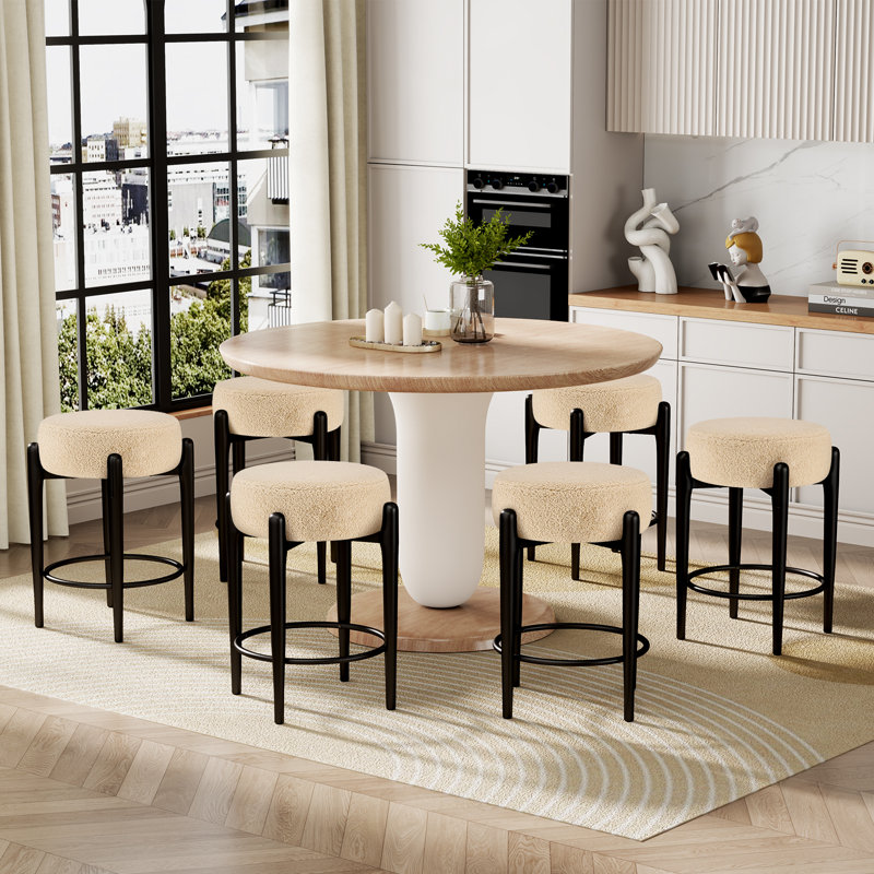 Modern Dining Chairs Set, 23.6" Counter Height Stools with Round Soft Padded Boucle Backless Seat, Beige