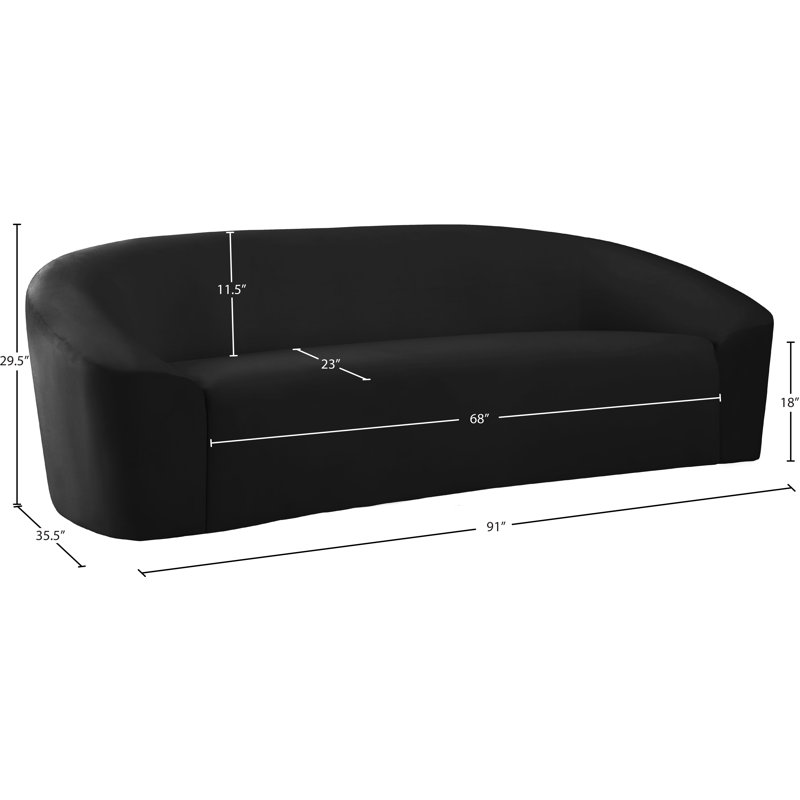 Canapé courbé Alaw, Velours noir, H 29,5 po x l 71 po x P 35,5 po