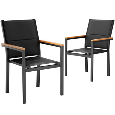 Stackable Patio Chairs Set of 2, Stackable Aluminum Outdoor Dining Chair with Quilted Textilene & Wpc Armrests, 17" Seat Height, All Weather for Patio, Balcony, Poolside & Restaurants, Black
