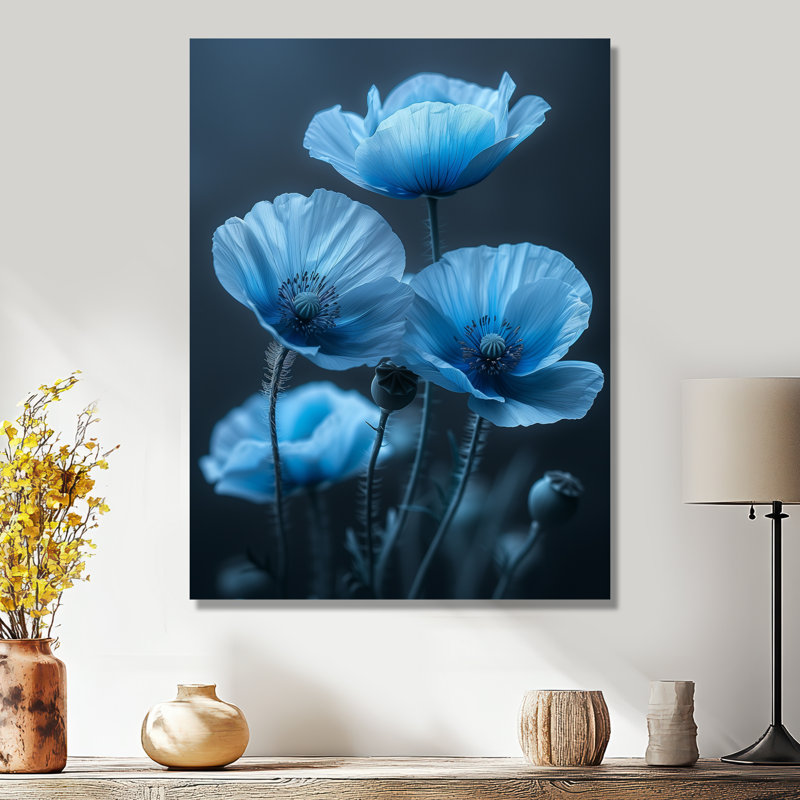 Bleu, noir, nature, Nuance, coquelicots I - coquelicots, art mural, salon, Métal métal, H 44 po x l 34 po x P 1,5 po