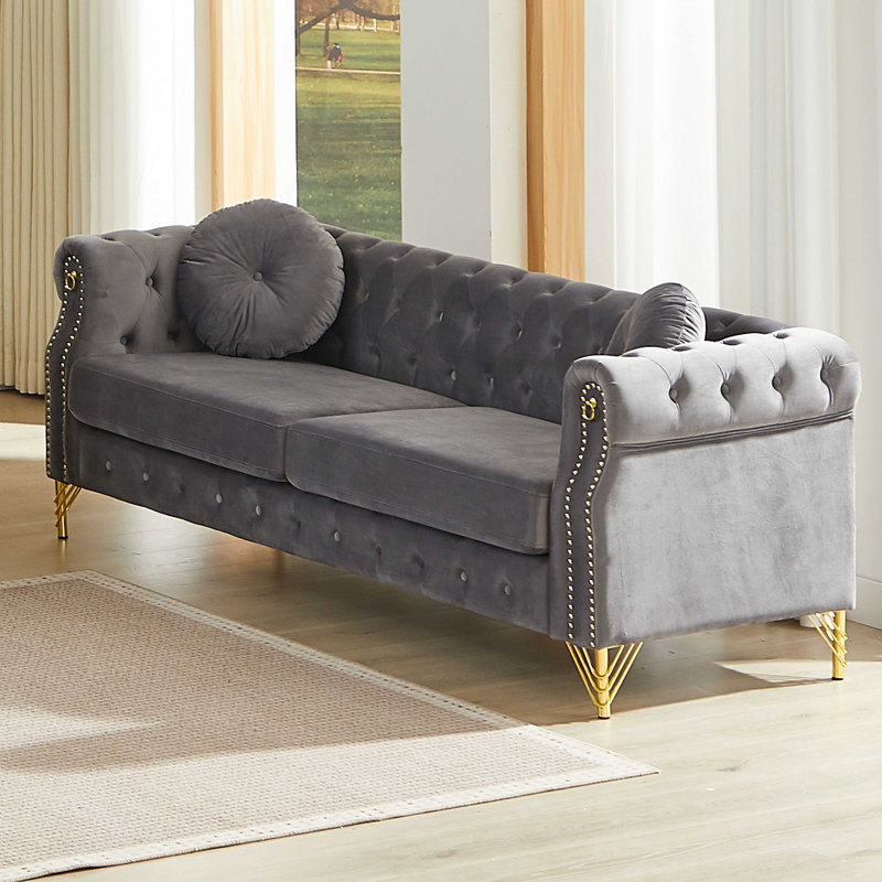 Fauteuil Chesterfield en velours avec boutons capitonnés, Gris, 1 canapé simple