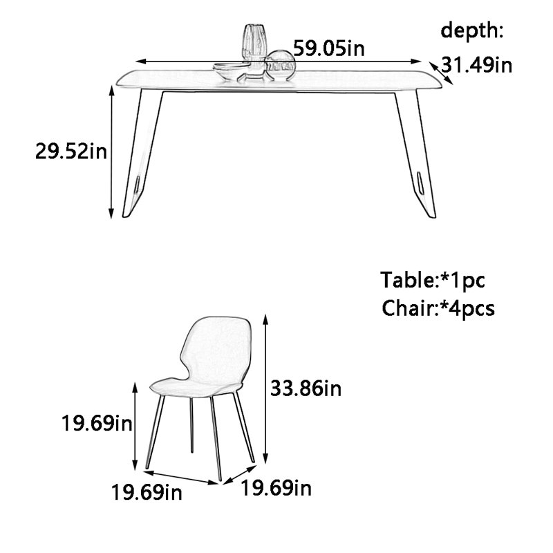 Simple grey dining table and chair set, 29.52"H x 59.05"L x 31.49"W