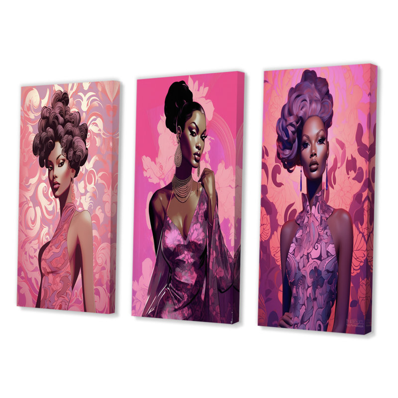 Ensemble d'imprimés 3 pièces - modèle rétro glamour en rose magenta III, Toile tendue, H 40 po x l 60 po
