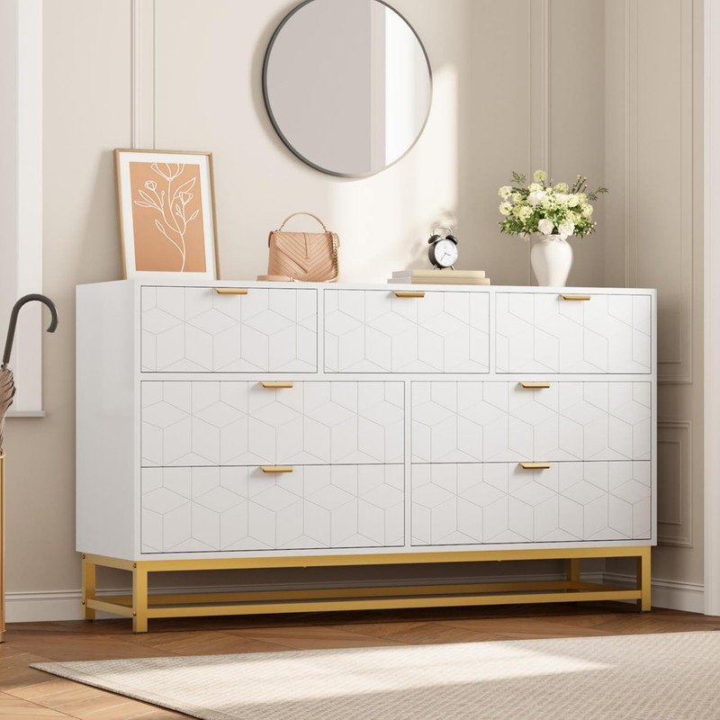 53.5" Wide 7-Drawer Dresser with Golden Metal Handles, Modern Chest of Drawers for Bedroom, Living Room, Entryway, White