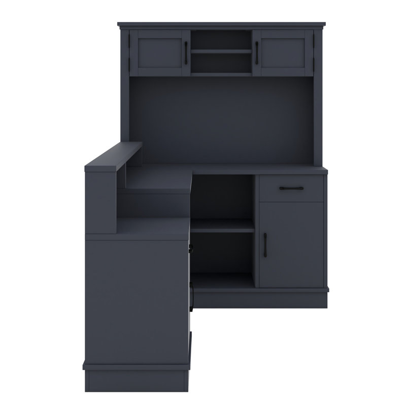 Bureau d'ordinateur en L avec prise de courant, tiroirs, bibliothèque et rangement