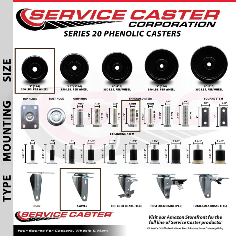 Swivel 12mm Threaded Stem Caster with Total Lock Brake SCC