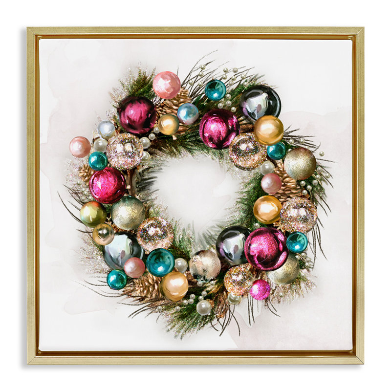 «Festive Ornament Wreath», art mural encadré sur toile flottante par Ziwei Li, H 25 po x l 25 po