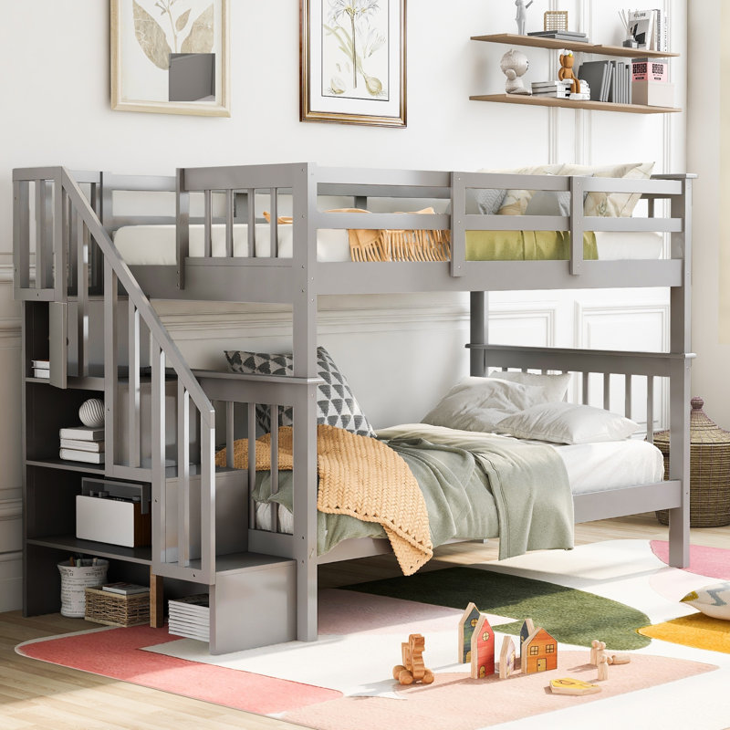 Stairway Bunk Bed with Storage, Guard Rail & Convertible Frame for Bedroom or Dorm, Simple sur simple, Gris