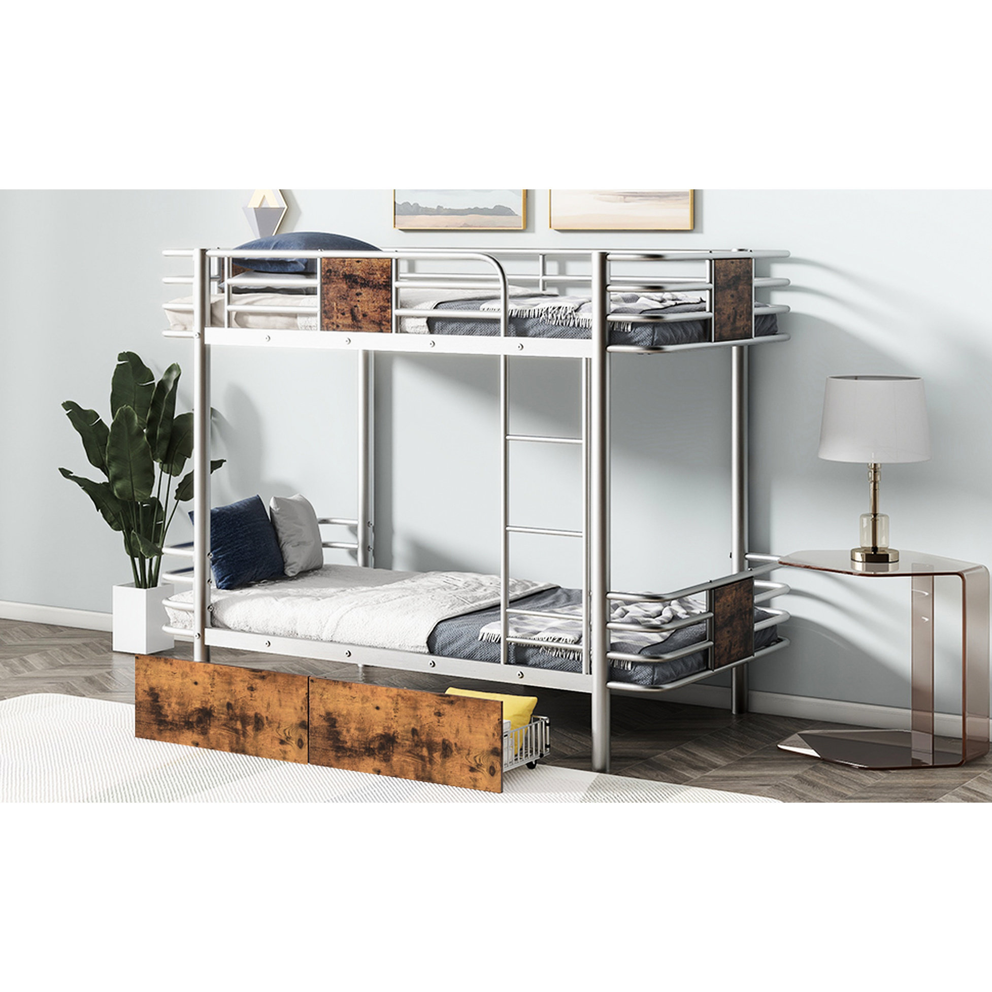 Brayden Studio Twin Xl Over Metal Bunk Bed With Board & Storage ...