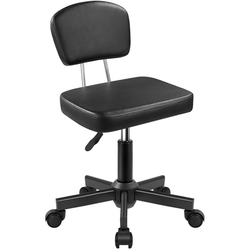 Black Rolling Stool With Backrest - Height Adjustable 360° Swivel Stool, Square PU Leather Seat With Wheels (For Bedroom/Shop/Salon/Home Office)
