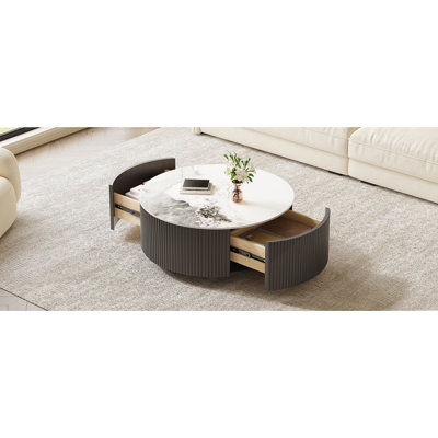 Modern Round Movable Coffee Table with Casters, 2 Drawers, Marble Pattern Sintered Stone Top, Grey, 29.5"