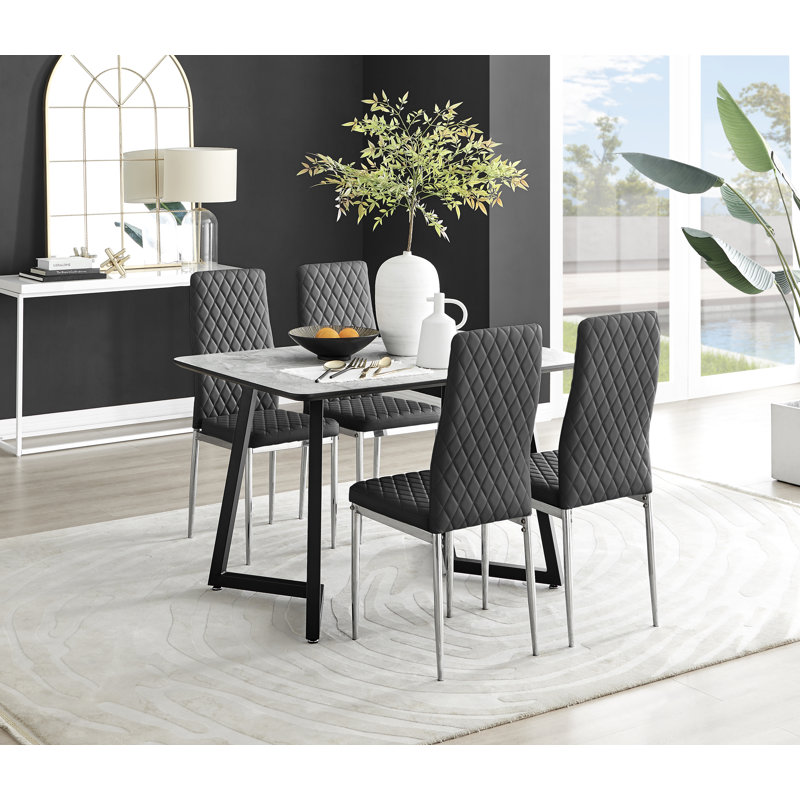 Industrial Design White & Grey Marble Effect Melamine Dining Table Set with 4 Faux Leather Chairs, Black/Silver