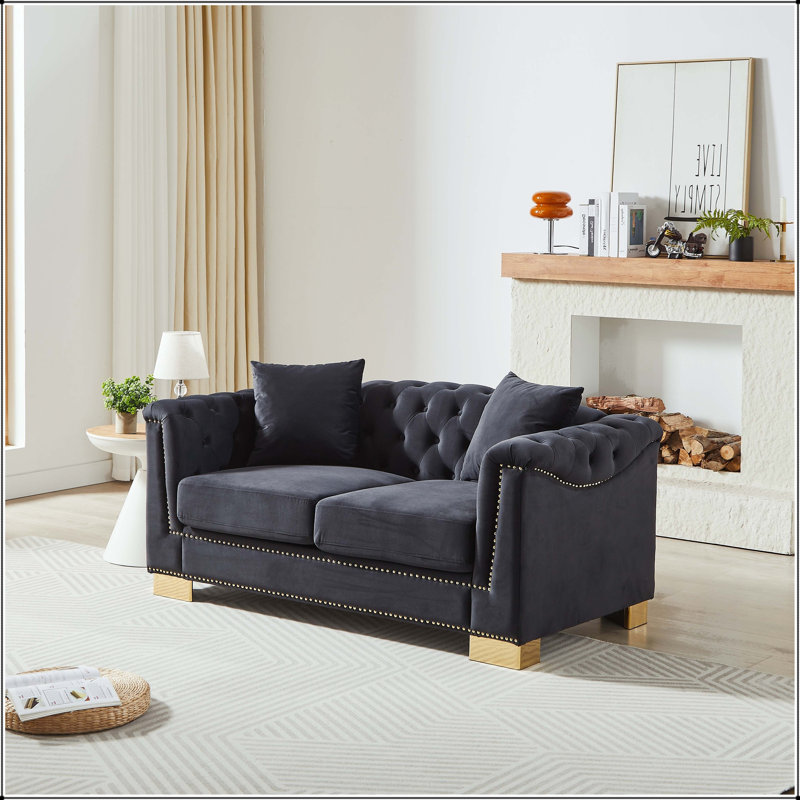 Causeuse Chesterfield 62 po Classic, Noir + velours bleu