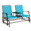 Outdoor Glider Bench With Center Table, Metal Frame Patio Loveseat With Breathable Mesh Fabric And Armrests