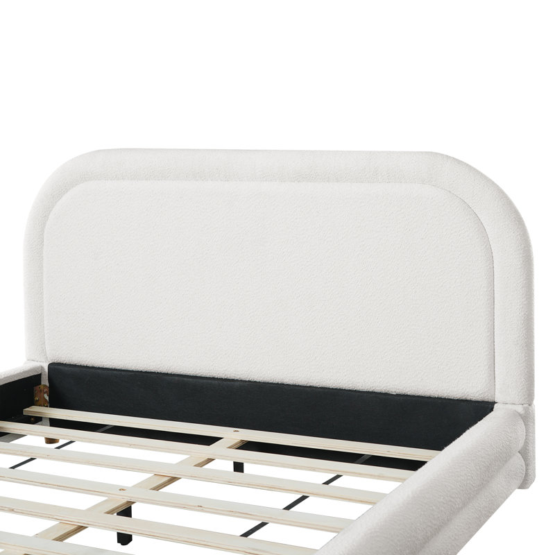 Lit plateforme tapissier de style grand lit avec tête de lit courbée, structure de lit en bois massif et aucun sommier tapissier