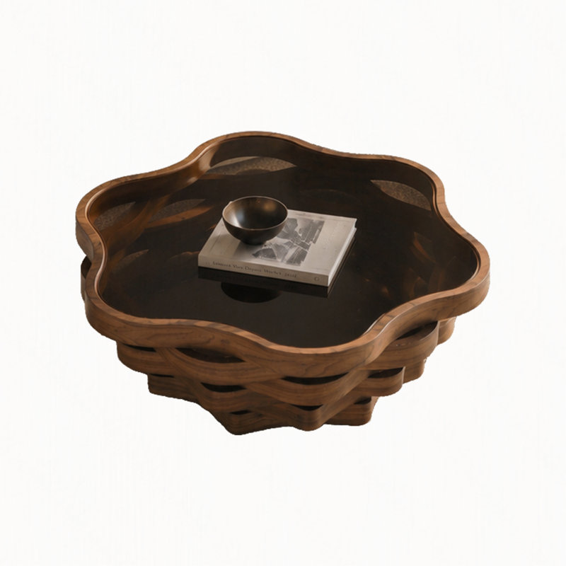 Table basse irrégulière en forme de nuage avec plateau en verre trempé, base Wave MDF, design moderne artistique