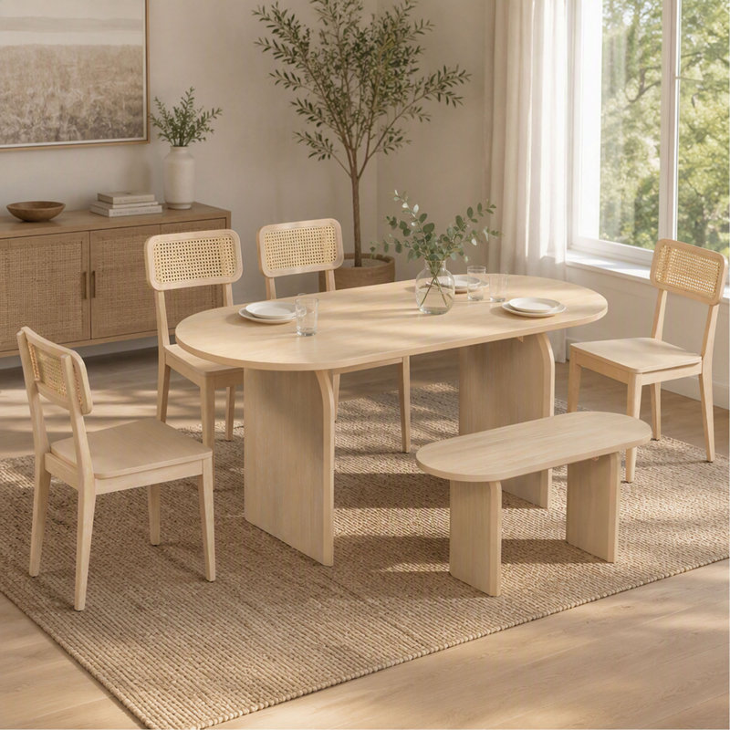 Ensemble de salle à manger 6 pièces avec banc et table de cuisine ovale pour 6 personnes, de style moderne, Natural, Naturel
