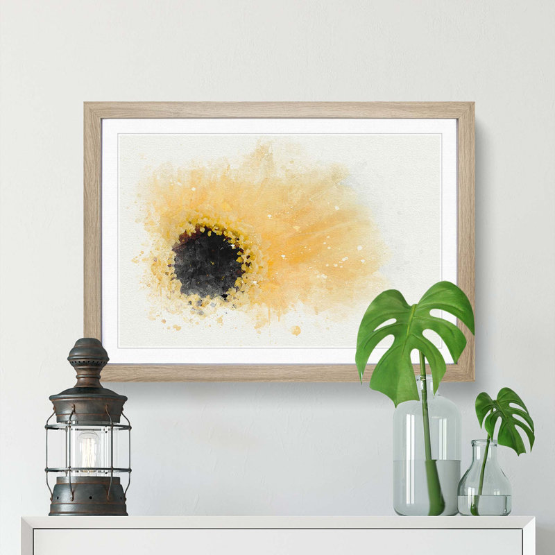 Pale Yellow Gerbera in Abstract - Picture Frame Painting Print, 62cm H x 87cm W x 2cm D, Oak Framed