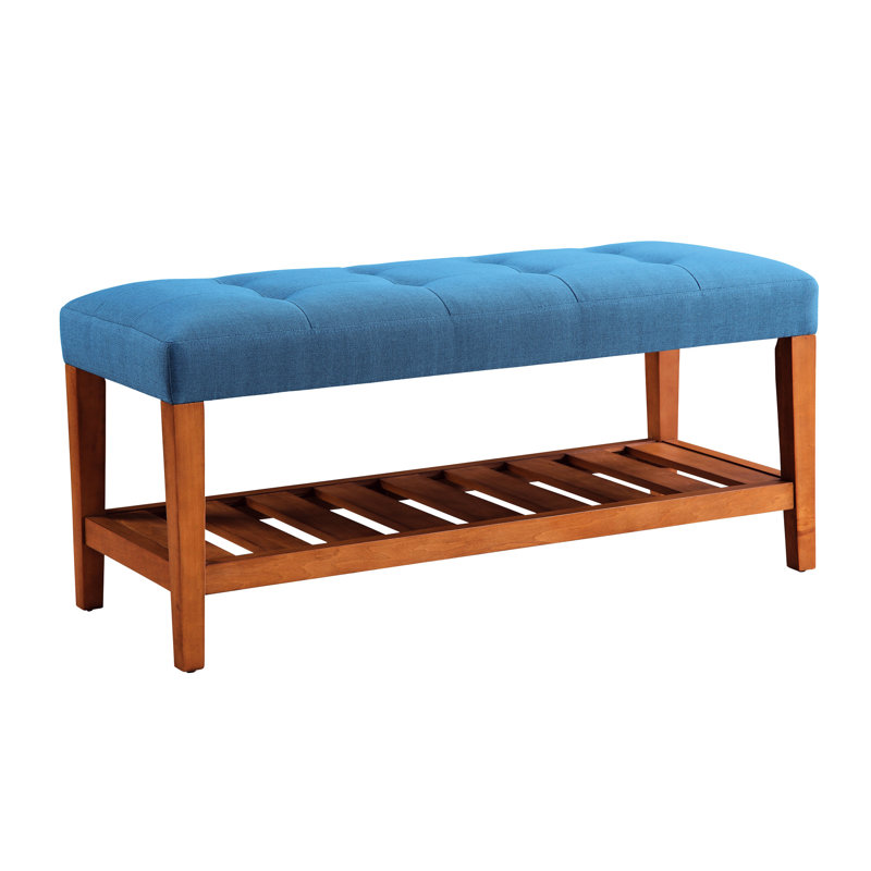 Blue Fabric & Oak Finish Storage Bench - 7" Package Width, 18" Seat Height Practical For Home Rectangular With 40" X 16" And Patio