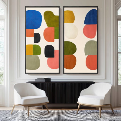 Large Framed Canvas Wall Art Set - Mid-Century Modern Abstract Shapes Colourful Geometric Prints - 60"x20"x2pcs