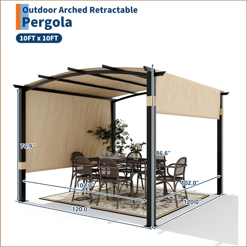Pergola arquée 10 x 10 pi, pergola en métal avec auvent rétractable, abris de jardin arqués pour la cour, la pelouse et les patios