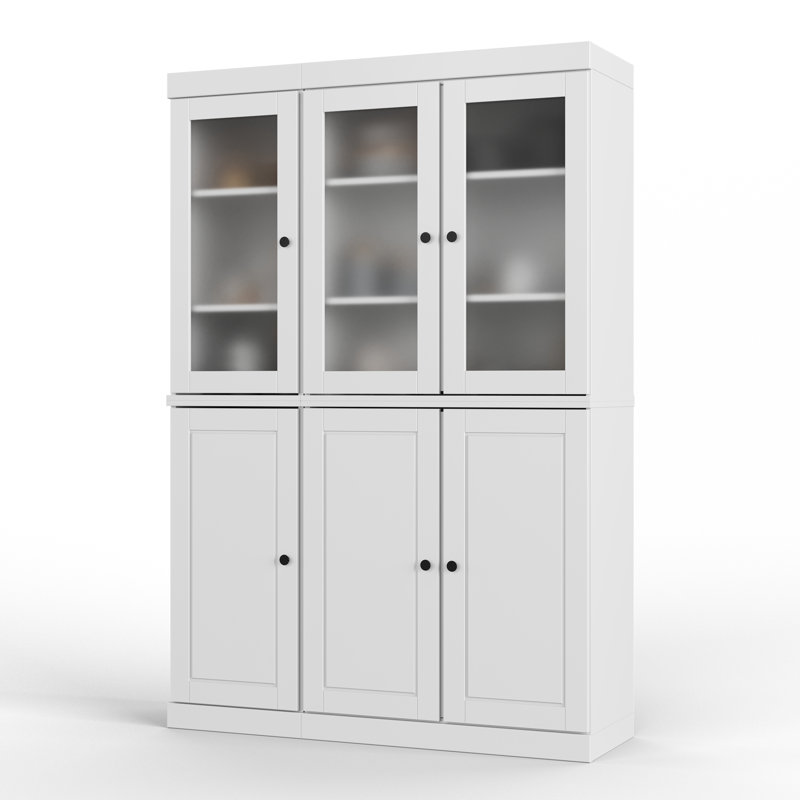 Vaisselier 100% bois massif 48,5 po avec portes en verre givré et tablettes réglables, Blanc / Blanc