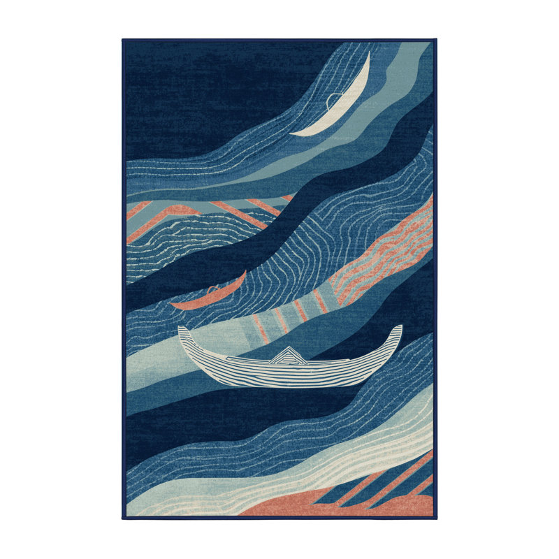 Machine Washable Mendon Dragon Boat Festival Modern & Contemporary Striped Rug in Blue – Navy Binding, 2x4